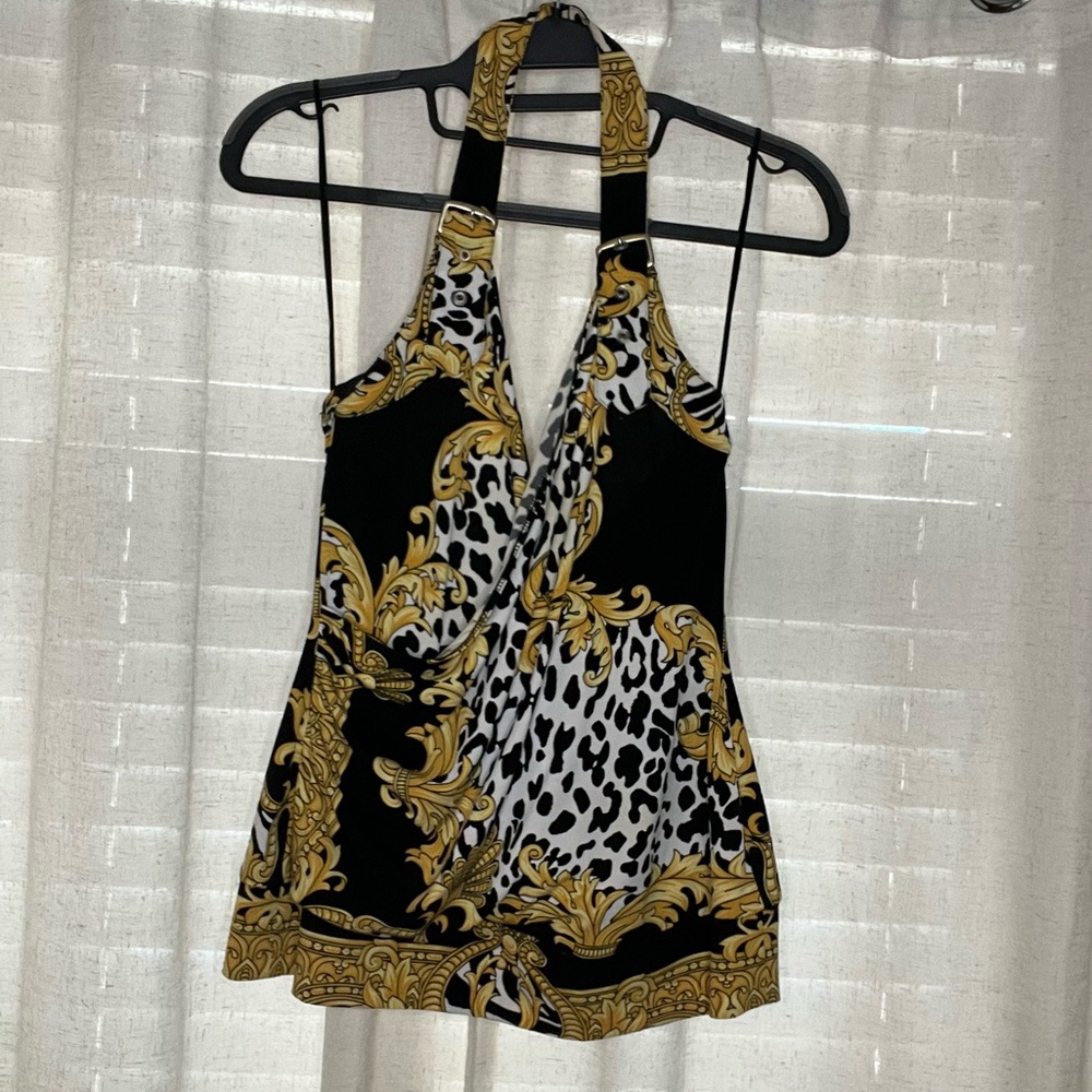 Black and gold halter top with leopard print, adjustable halter strap